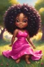 Placeholder: An expressive oil painting image of a chibi black cartoon of a curvaceous woman with flowing of tight curly afro of black hair that's highly detailed, wearing a hot pink maxi dress. She sits relaxed on the grass facing the warm sunlight, which illuminates her face as she looks to the side with a small smile, accentuating her prominent makeup and brown eyes. with green and hot pink roses all around