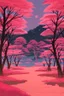 Placeholder: a land scape of Japanese garden, big red moon, red light, black sky, starlight night , surrounded by cherry blossom trees, cel shading