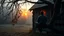 Placeholder: back to he camera sitting a barn on a tree branch and looks into the poor village room through the window, mystic fog, autumn, rain, little light, sunset, high detailed, sharp focuses, photorealistic, perspective, cinematic, dramatic vibe