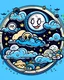 Placeholder: Design a delightful cartoon-style image featuring a cheerful Earth surrounded by fluffy clouds and stars and dotted with playful balloons, evoking a sense of adventure and exploration. , sticker, 2d cute, fantasy, dreamy, vector illustration, 2d flat, centered, by Tim Burton, professional, sleek, modern, minimalist, graphic, line art, vector graphics