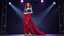 Placeholder: very beautiful 1 lady with makeup curvy hair pretty dark red long skirt and bluose with nice jewel patterns high heels, full body standing gracefully in modern stage,dynamic lights