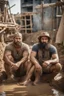 Placeholder: aerial top view shot photography of two ugly 40 year old beefy big robust burly arab carpenters relaxing in the mud, dirty and wet, wearing bulging shorts, tank top, hairy chest, serious, very virile, long beard, curly hair,, , in a sunny construction work area, photorealistic , photorealistic