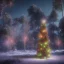 Placeholder: Christmas trees, with christmas lights, very bright, in the forest, at night with stars everywhere