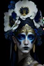 Placeholder: Beautiful young faced mytological greek Héra godess, wearing, golden and white gold gradient ancient greek vantablack greek floral blue iris flower, white orchid flower and ancient greek headress, wearing mytological ancient greek godess vantablack goth costume organic bio spinal ribbed detail of olympos decadent deity background extremely detailed hyperrealistic maximálist portrait art