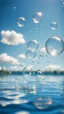 Placeholder: bubbles floating over water with blue sky, stock photography