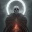 Placeholder: A skeletal man with fiery eyes, a black and leather dress, a long black cloak, sitting on a big, skeletal and fiery horse, full HD, 4K, 8K, magical, fantasy, 3D, symmetrical, detailed and complete painting