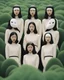 Placeholder: a group of women with mask standing on top of a lush green hillside, inspired by Ren Hang, design milk, long black hair, whites, wanderers traveling from afar, trending on artisation, cloning spell, coat pleats, in twin peaks, submarine, by Helen Thomas Dranga, symetry, round-cropped, noire photo