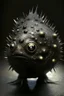 Placeholder: Solid spherical creature, four black eyes, very small mouth, lighting body, The creature is iron, high details, stunning realistic photograph