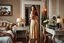 Placeholder: very beautiful sexy lady with beautful cream brown midi skirt and blouse standing in a luxury bedroom with high heels next to makeup desk looking to camera