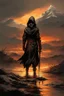 Placeholder: A formidable warrior-a 10-year-old boy in a black robe with a hood, on the background Amazing gloomy landscape, flooded with sunset, mountains, trees, fabulous scary hero, , juicy emotions, painting, dark fantasy, bad weather, gloomy day, dark world, by Raymond Swanland & James Paick