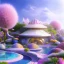 Placeholder: landscape of summer tropical ambient beutiful villa white gold and neon lights bright and colorful bright gloss effect of a futuristic house,like spaceship, natural round shapes concept, large transparent view of the open outdoor garden,sea beach at sunset, gold crystals,with light pink, flowers of Lotus, beutiful pools, light of sun , palmiers,cerisiers en fleurs, wisteria, sun , stars, small waterfalls