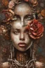 Placeholder: an abstract painting of rusted metal and flowers, heart filled with love African slave lady working so hard, rust, scaffolding, iron cladding, decay, mixed media, textured, anatomically correct, beautiful perfect face, sharp focus, highly detailed