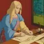 Placeholder: leonardo da vinci works in his study on a laptop at his desk. color charts in background. hyperdetailed, warm colors, poster, photoillustration, oil on canvas, lens flare