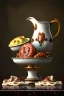 Placeholder: renaissance style still life composite, dish of Raviolis with cow meat, vine cup, olive oil. moisture, art, natural, ornaments, ceramic, marble, high kitchen, smooth, god rays, unreal engine 5, ray tracing, RTX, lumen lighting, ultra detail, volumetric lighting, 3d.