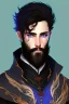 Placeholder: Black haired blue eyed freckled young male warlock in the style of aubrey beardsle