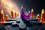 Placeholder: A breathtaking cosmic fantasy scene featuring a stunningly realistic beautiful woman with a perfect face and sculpted figure standing gracefully at the center of a floating geometric platform in deep space. She wears an elegant flowing gown in vibrant purple and pink hues that billow around her perfect form. The platform is constructed from dark cobblestone-like blocks arranged in a cross or star shape. Surrounding her are magnificent crystalline towers and pillars in gold, amber, and electric b