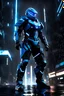 Placeholder: cyberpunk, neon blue, high technology, geometric figures, orbiting figures, high technology suit, cyberpunk suit, black, black and blue, epic, rain, a person in rain, neon blue suit, geometric figures orbiting around suit, exosuit, technological armour, a person wearing technological armour, cyberpunk armour, detailed armour, male, black and blue colored cybersuit, suit details, epic cybersuit, black colored suit, complex suit