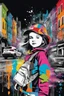 Placeholder: Mixed media picture, the background is black and white line art cityscape. In the middle a colorful photo of a little girl playing in the street, the girl is wearing colorful clothes, her hair is black. enhancing the contrast between her and the black and white cityscape, splash art