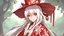 Placeholder: Female character from the game Ragnarok online. Shura class. Long white hair, red clothes with bandages on her arms, damaged kimono wearing a round damaged large top hat. Thorn clothes, gore, blood. Digital art.