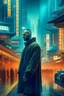 Placeholder: oriental man in a city like Blade Runner Film, future, acid rain