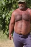 Placeholder: full body of a 50 years old muscular chubby arab farmer shirtless with a very big bulge and hairy under the sun near a tractor hyper-realistic