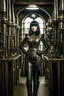 Placeholder: full-length pale dark-haired woman with a straight bob hairstyle with a fringe, in a steampunk leather outfit, and gloves, standing in a laboratory