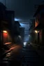 Placeholder: A dark, almost deserted street with some thieves roaming around, two roads with semi-dilapidated walls, rugged roads and slopes, some violent fights, knives, and the sale of drugs and alcohol under glowing lights.