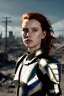 Placeholder: ultrarealistic, ruined city,__futuristic armor__, __angles__, 18 year old woman, strikingly beautiful, ginger hair, silver colour, [__starlets__|__starlets__], (pale __skincolor__ skin:1.2), __camera__, _hair_, detailed face and eyes, medium breasts, leather choker, freckles, dynamic pose, resolved expression, __accessory__, strappy outfit, (straps:1.1), sword in scabard on left hip, (buckles, buttons, snaps, rings:1.0), haltertop style breastplate, detailed eyes, plump lips, sci-fi theme