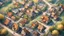 Placeholder: drawing, art style, a town from the sky, town from above, countryside, vertical camera