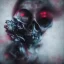 Placeholder: abstract photographic camera mixed with skull in dirty style. fog and smoke in atmosphere. bokeh, lens flare. Dark mood. Dripping paint. oil on canvas, mixed media, high detailed.