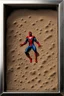 Placeholder: Spiderman's close up footprint lodged within sand in a neat, square display glass box, "spiderman" engraved on small metal plate outside of the box, realistic and highly detailed, 8k