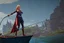 Placeholder: Supergirl fishing with net on a boat.