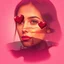 Placeholder: Double Exposure Of A Beautiful Woman (Face) With Mini Maroon Whirling Hearts With Cloudy Sunset And Small Pine Trees On Mountains in a Grunge Pink And Red Background.