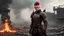 Placeholder: A male elf, 40 years old, 187, tall athletic build, golden yellow eyes, dark red hair, mohawk hairstyle, black leather armor, stands in a post-apocalyptic burning environment, in leather armor scar, skin red,