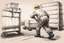 Placeholder: a swedish industry worker from sweden, very strong pushing a wooden crateand IBC along the floor in a factory, very basic sketch painting like the image i uploaded