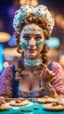 Placeholder: portrait of cute woman with cookie and gel mask , baker of the highest many storied advanced art cake sculpture during a casino game show, bokeh like f/0.8, tilt-shift lens 8k, high detail, smooth render, down-light, unreal engine, prize winning