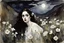 Placeholder: Night, one woman, white flowers, mountains, gothic horror films influence, john singer sargent watercolor paintings