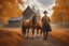 Placeholder: Fascinating, ultra-realistic nature in the photo. Golden autumn. A 32-year-old man in 19th-century Russian clothes walks towards the horses with his head raised to the sky, a smile on his face. In the background, a 19th-century estate and three horses stand at the outhouse.