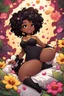 Placeholder: A sassy thick-lined comic book art cartoon black chibi girl lounging lazily on her side, surrounded by flower petals. She has a golden lion tail curling playfully behind her curvy body. Looking up coyly, she grins widely, showing sharp lion teeth. Her poofy hair forms a mane framing her confident, regal expression.