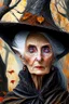 Placeholder: Old White-haired Witchery Witch in her pointed hat ready for the Coven in rusty autumn leaves and silver cobwebs. with burnished browns and abyss black.