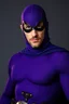 Placeholder: full-length, A portrait of a the Phantom, a man with piercing blue eyes, a chiseled jaw, goatee, timeless face, stern expression, Wearing a skintight formfitting purple cotton hero suit with a skintight cowl with a widows peak that fits tight to his head, but does not cover his face or his forehead , he wears a thin, black leather, bandit eye disguise over his eyes, black and blue diagonally striped trunks, dual-holstered pistol belt adorned with a triangle skull-shaped buckle, leg straps, boot