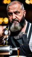 Placeholder: full figure photography of a turkish barman serving coffee, 62 years old, strong chubby man , bearded, in vest, shaved hairs, tattoo, serious eyes, photorealistic, Canon EOS, hyper-realistic, very detailed, emotive eyes, natural colours, sunlight