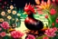 Placeholder: red and black chicken and small chibi duck in a flowergarden with beautiful flowers, pond, in sunshine, H.R. Giger, anime, steampunk, sürreal, watercolor and black in outlines, golden glitter, ethereal, cinematic postprocessing, bokeh, dof