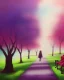 Placeholder: park mystical dream, park bench, man, woman, child, dog, trees, path, bird, sunshine, mystical, fantasy, romanticism, pastel colors, daylight, daytime, acrylic painting, detailed, soft focus,