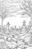 Placeholder: A graveyard with tombstones, skeletons rising from the ground, and eerie mist. Outline, sketch style, only use outline, mandala style, clean line art, white background, no shadows, no clear wall, coloring page.