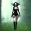 Placeholder: steampunk, dark forest, black hair, long legs, leather clothes