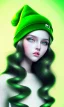 Placeholder: girl, cute, beautiful, long hair, wavy hair, green hair, blue eyes, green beanie, green coat, black tee shirt, green shirts, green tennis shoes