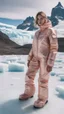 Placeholder: Fashion film in the icefields of Patagonia, a stunning supermodel in an incomplete Astronaut pink bronze suit discover the icefields and giant iceblocks and icebergs using stunning poses we can see her face through the glass . Supreme landscape, inticate background and a minimalist composition that creates a great megalophobia effect. Old lens, old Kodak vision filmstock, 1600 iso.inspired by Ren Hang, design milk,, wanderers traveling from afar, trending on artisation, cloning spell, coat pleat