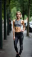 Placeholder: photography of a beautiful anorexic woman, grey satin triathlon top, sports illustrated, blond short wavy bob haircut, pronounced sternum, flat chest, anthracite cycling leggins