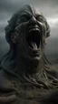 Placeholder: A big statue of a head in the sand huge mouth open and out of it a lot of snakes and spidrs,surrealism of the dark of a nightmare ten miles high and six foot deep, hyper photorealistic, hyper detailed dark art color, high resolution, fog, octane render, tilt shift, HDRI Environment, all pictures dark gray